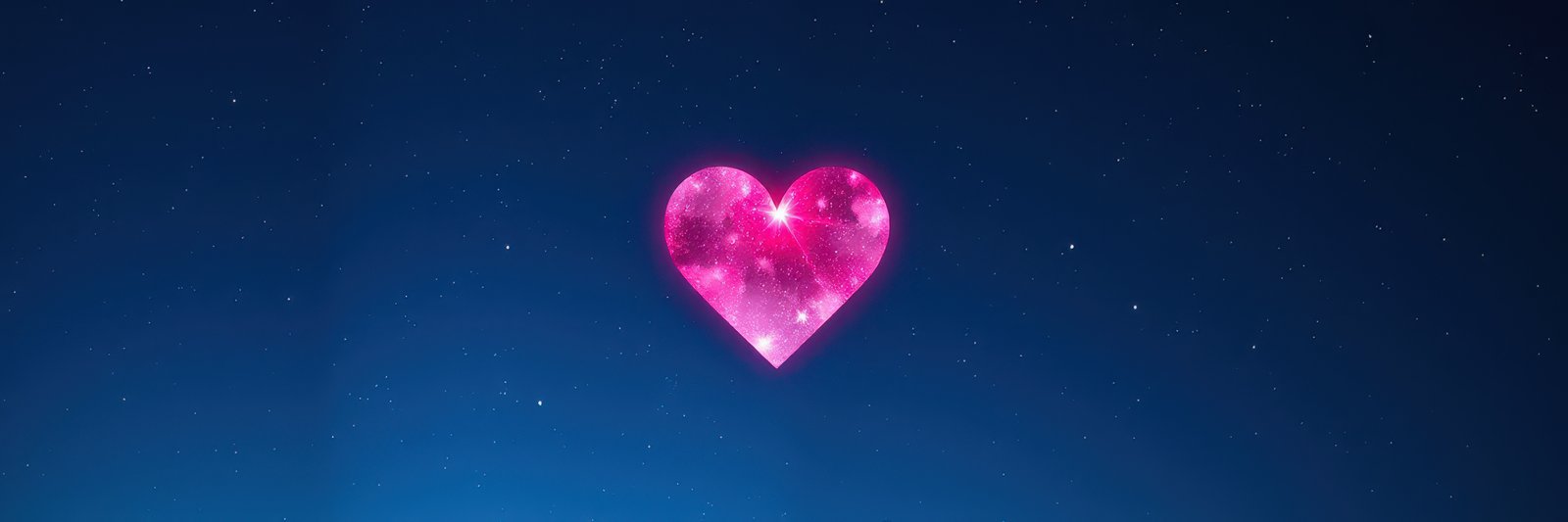 A vibrant pink heart shape, shimmering with embedded sparkles, is prominently featured against a dark blue backdrop